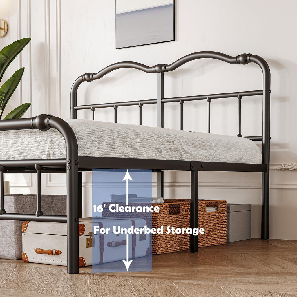 Queen Size Black Metal Platform Bed Frame with Headboard S3278