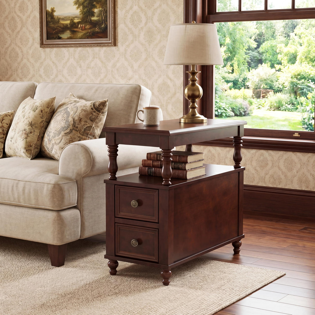 Solid Wood End Table with 2 Drawers and 2-Tier Open Shelf M3825