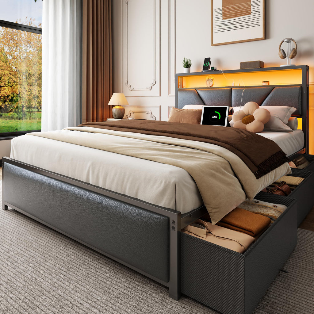 Full Size Bed Frame with Storage Headboard H708