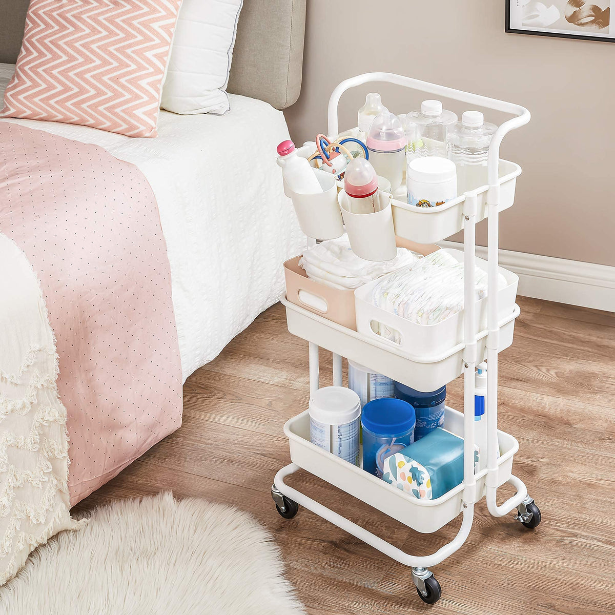 3-Tier Plastic and Steel Rolling Cart with Handle and 2 Brakes C9876